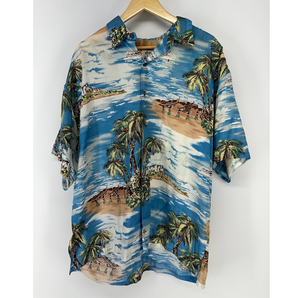 Pau Hana Hawaiian Shirt Mens XL Blue Scenic Island Hula Palm Tree Rayon Aloha